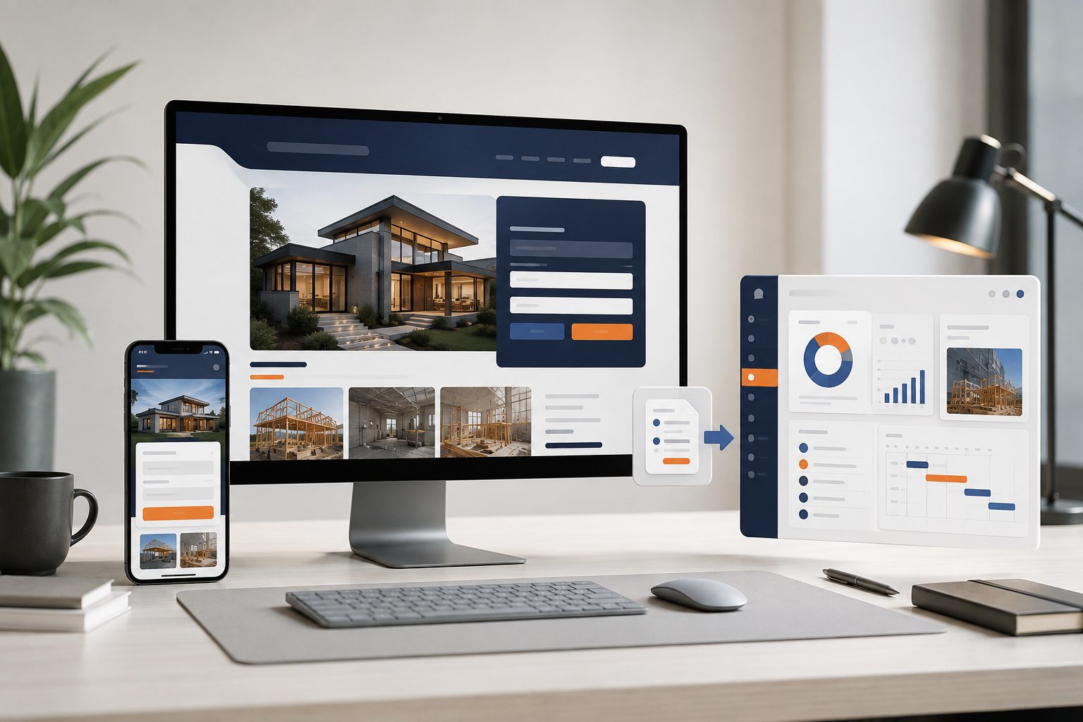 Contractor website displayed on desktop and phone connected to an operations dashboard