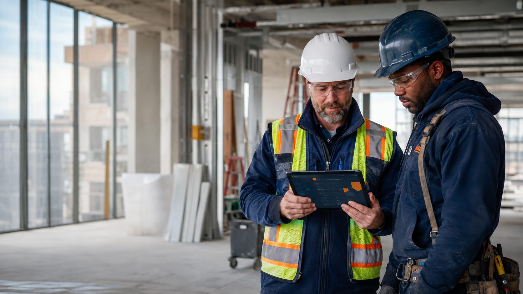 Field supervisor and technician reviewing job information on a tablet