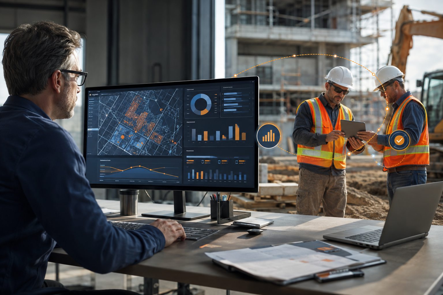 Office manager monitoring job activity while connected with a field crew